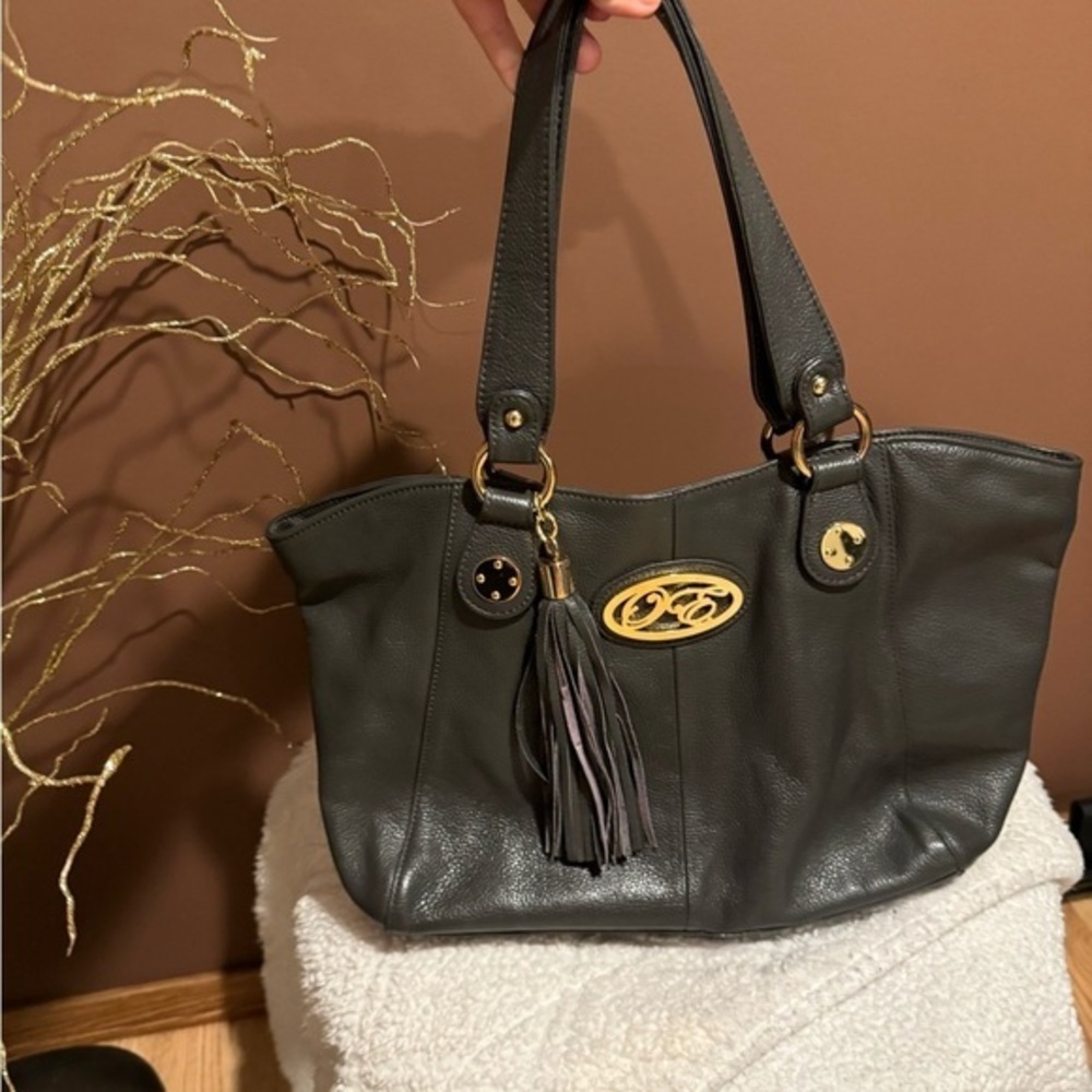 Onna Ehrlich Pebbled Leather Tote – Dark Gray with Gold Hardware & Tassel